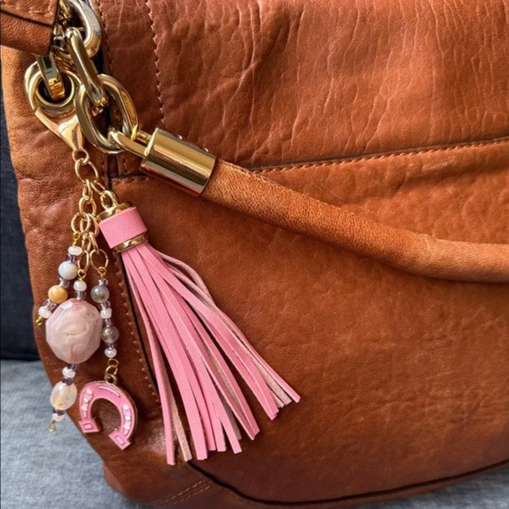 Pink Tassel‎ Bag Charm Horseshoe Keychain Beaded Handbag Accessory Gold Tone